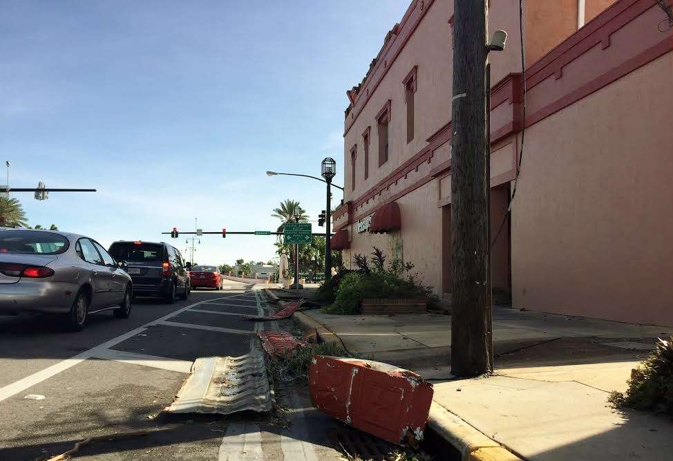 The hurricane ripped part of the facade of this building in historic downtown Daytona Beach. Photo: Renata Sago.