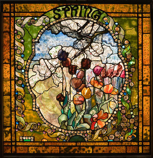 Spring panel from the Four Seasons leaded glass window by Louis Comfort Tiffany. Photo courtesy of Wikimedia Commons