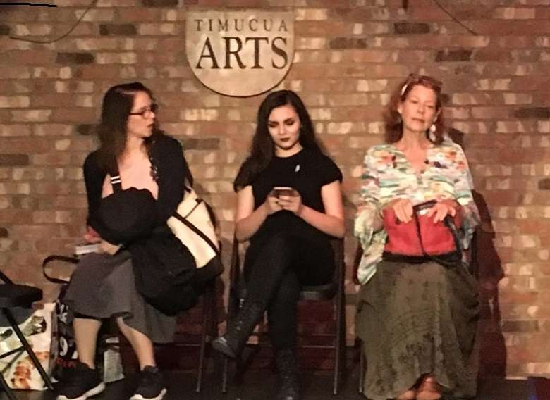 Danielle Bouloy, Gabriela Torres, and Katrina Tharin (left to right) rehearse "A Slow Ride" at Timucua. Photo courtesy of Joseph Reed Hayes' Facebook page