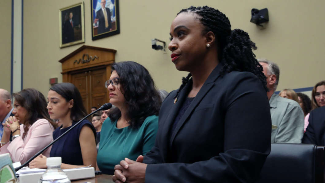 Reps. Veronica Escobar, D-Texas (from left), Alexandria Ocasio-Cortez, D-N.Y., Rashida Tlaib, D-Mich., and Ayanna Pressley, D-Mass., attend a House oversight hearing on conditions for detained migrants at the U.S.-Mexico border.