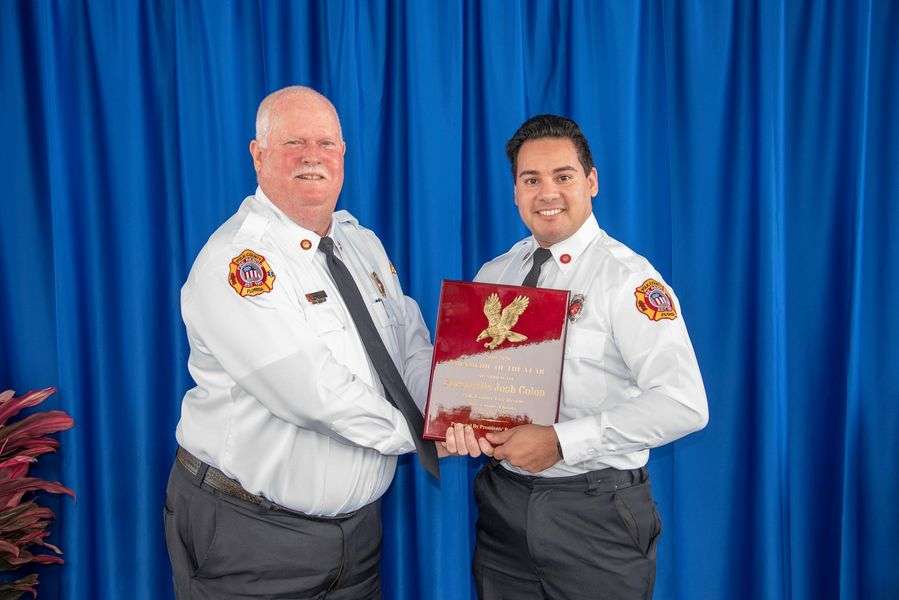 Joshua Colon, shown on the right, was recognized as Polk County’s 2020 Firefighter of the Year. Photo: PCFR via Facebook