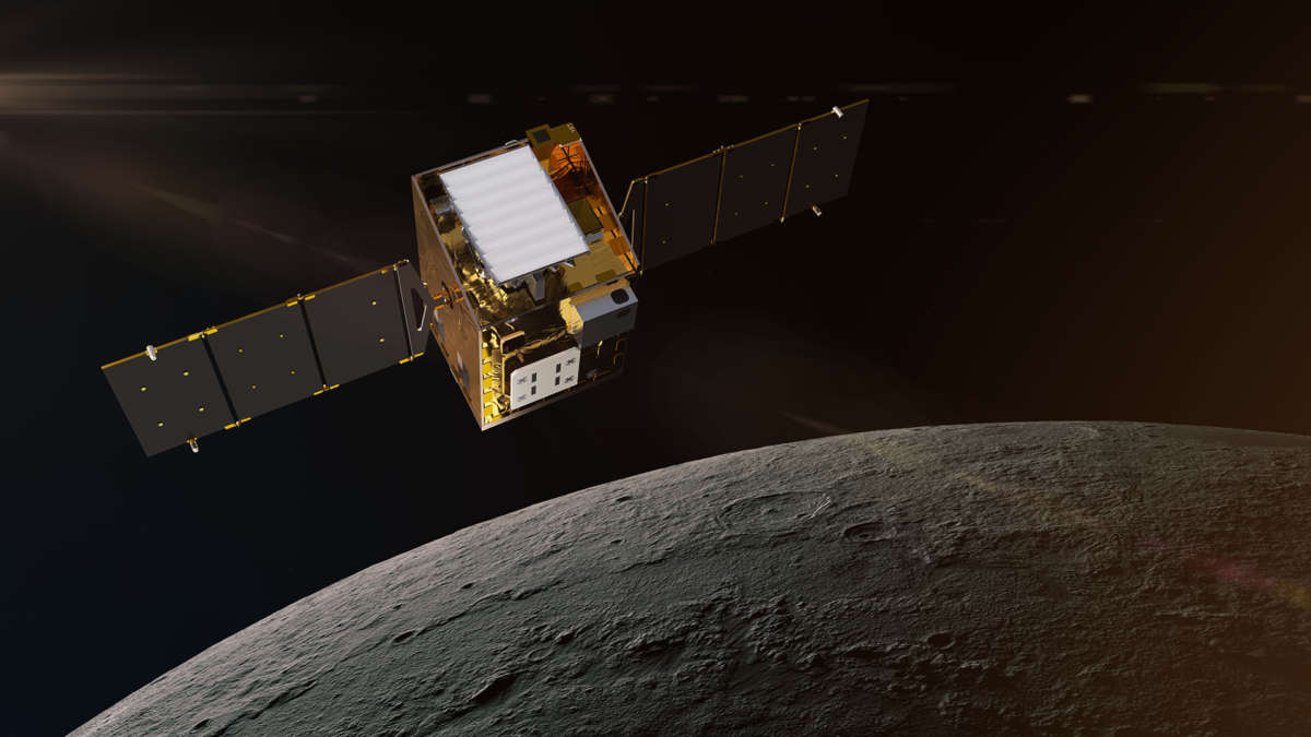 A computer generated design model of the Lunar Trailblazer satellites by Lockheed Martin.