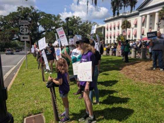 Demonstrators lined up in front of the Historic Florida Capitol to wave signs in support of their cause. (Tom Flanigan/WFSU)